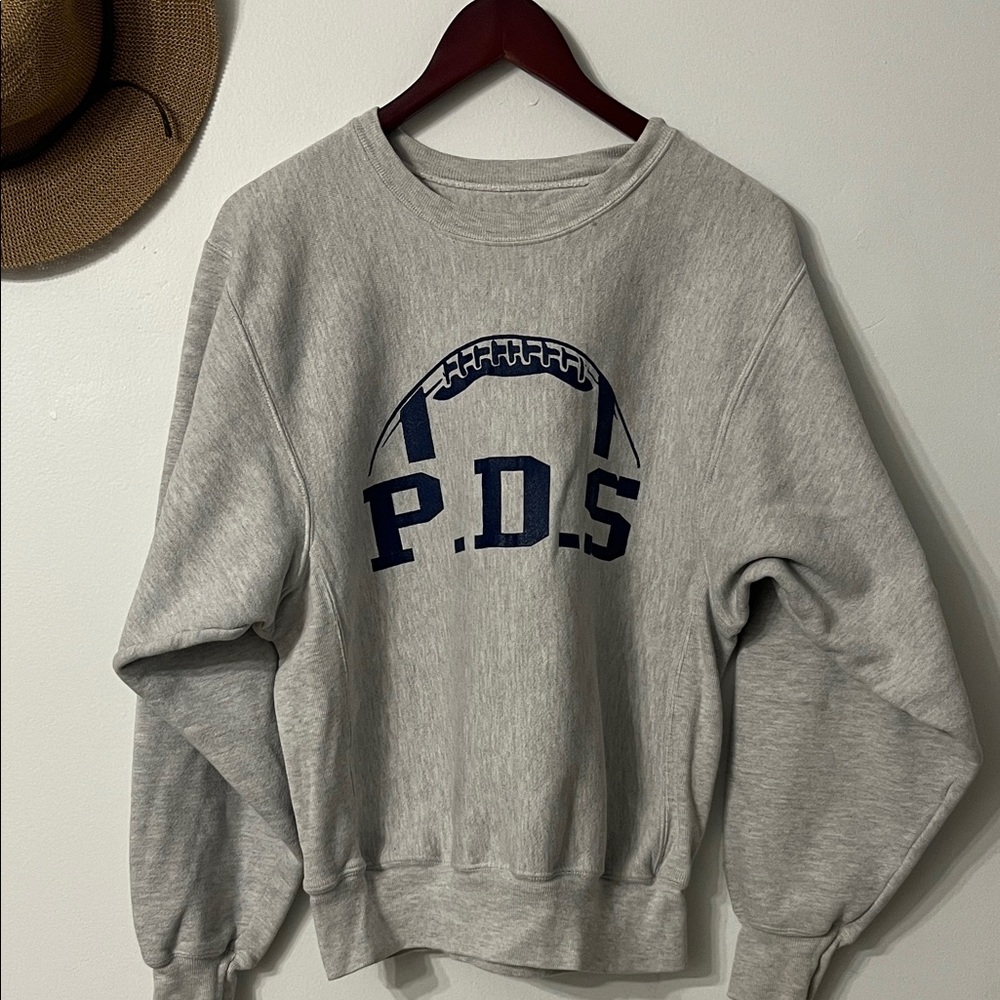 Champion Gray Crewneck Sweatshirt with Navy P.D.S. Football Graphic